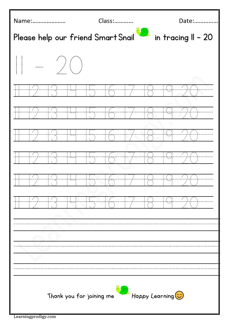 A Simple 11-20 Math Tracing Worksheet.