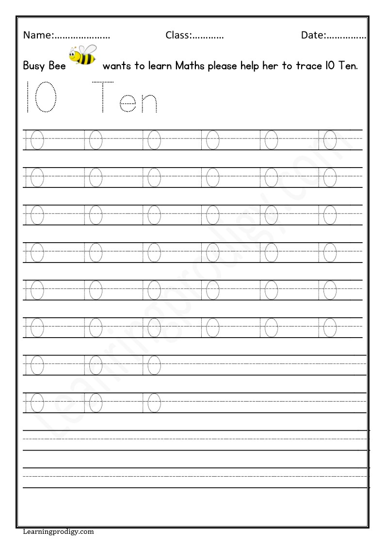 Free Printable Ten’s Tracing Worksheet for School Kids | Kindergarten Math Worksheet