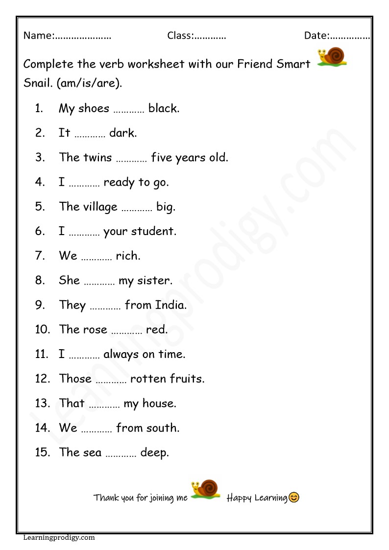 Grade one Verbs Worksheet am/is/are in PDF for School Kids