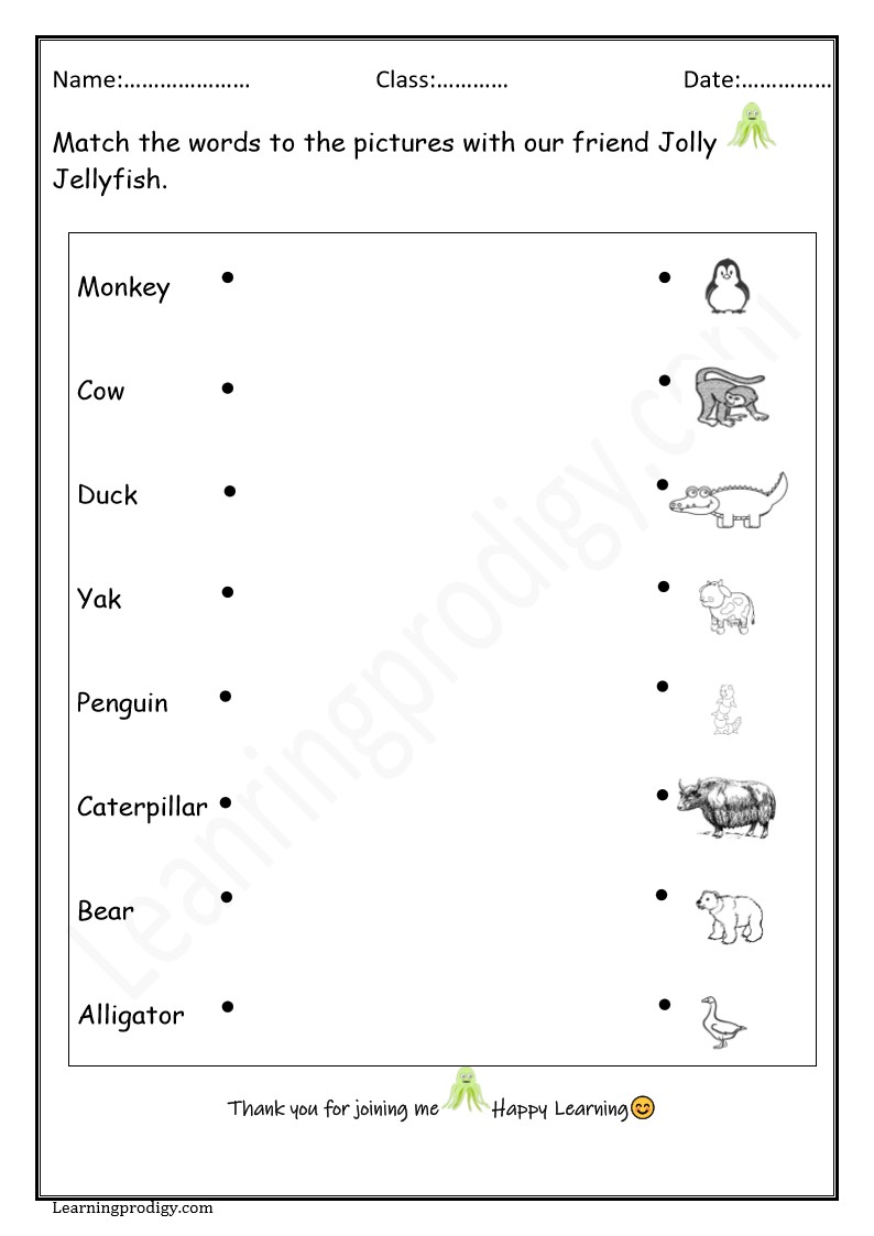 Match the Words to the Pictures Worksheet for Grade 1