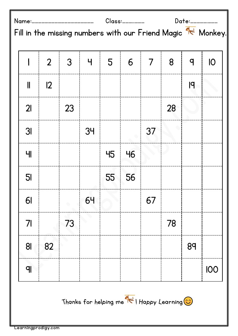 Free Printable Missing Numbers Worksheet | Math Missing Numbers (1-100 ...