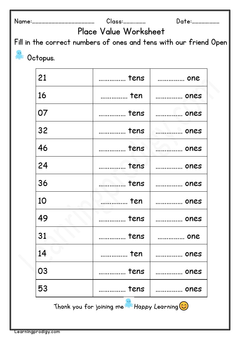 Free Printable Place Value Math Worksheet for Grade 1