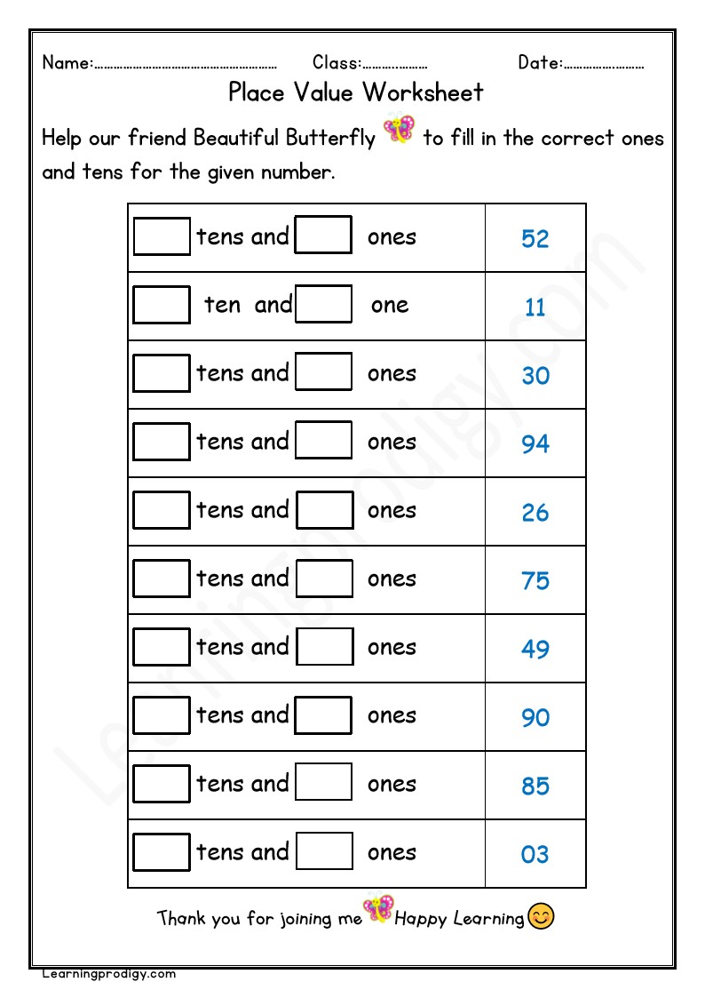 Math Resource Place Value Worksheet for Grade One