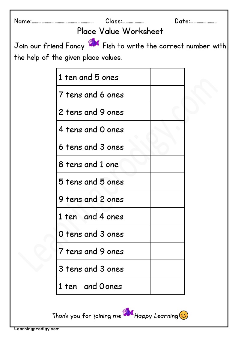 Place Value Worksheet for Grade one