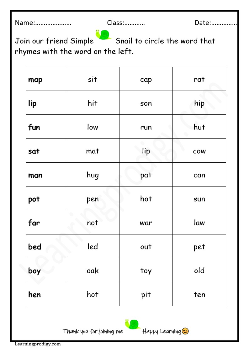 Free Printable Rhyme Time Worksheet for Kindergarten