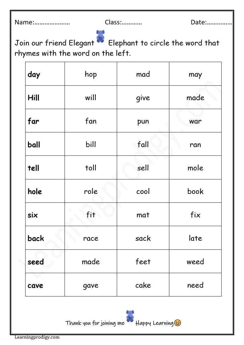 Free Prtinable Circle the Rhyming Word Worksheet for Grade 1