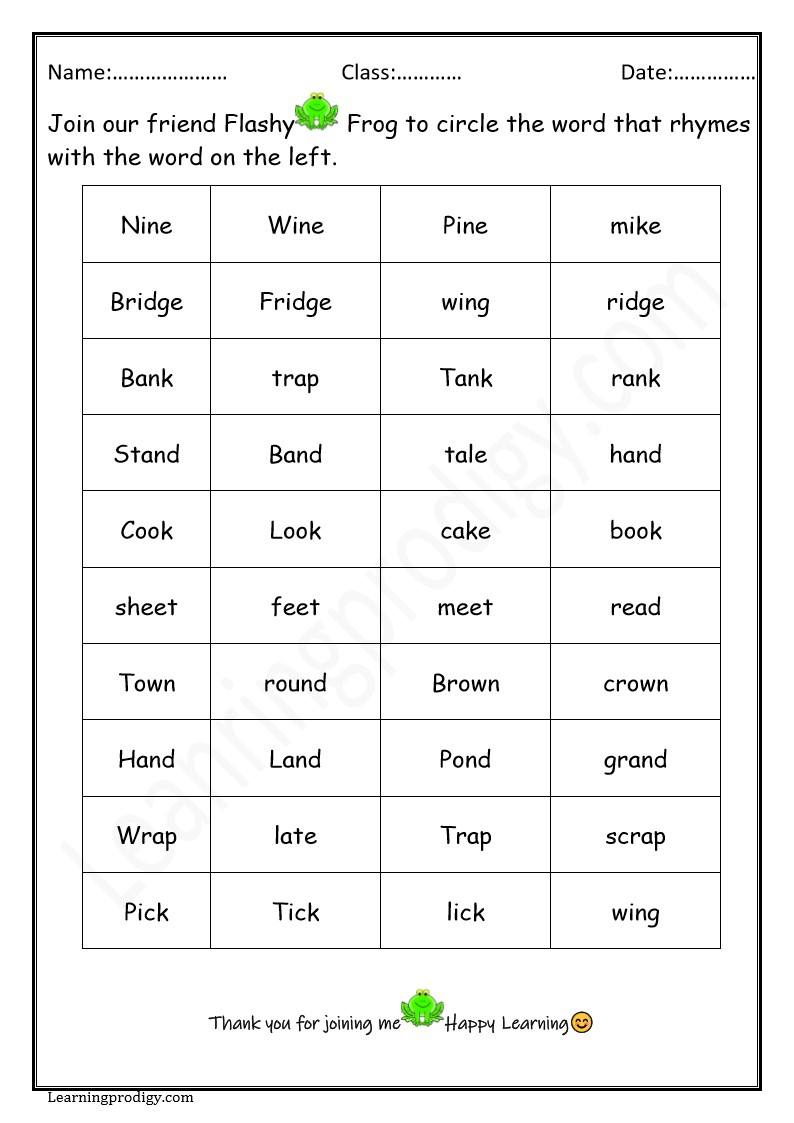 Free Printable Kindergarten Rhyming Words Worksheet for Practice