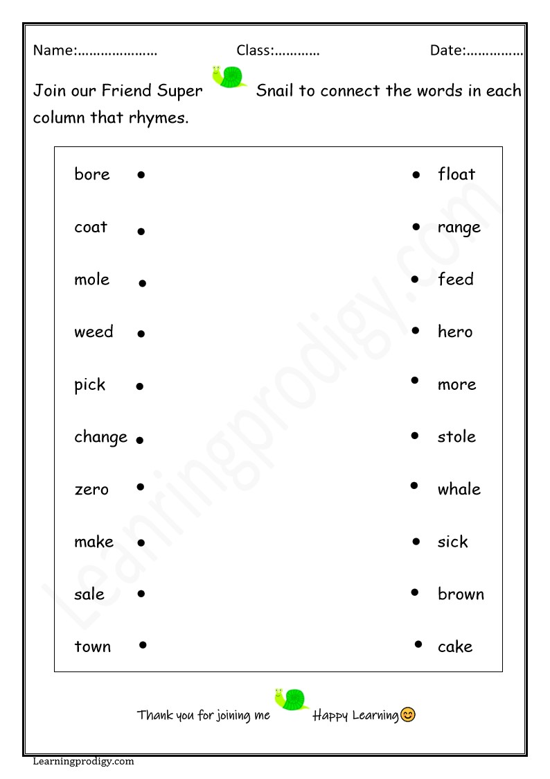 Free Printable Grade one Rhyme Words Matching Worksheet