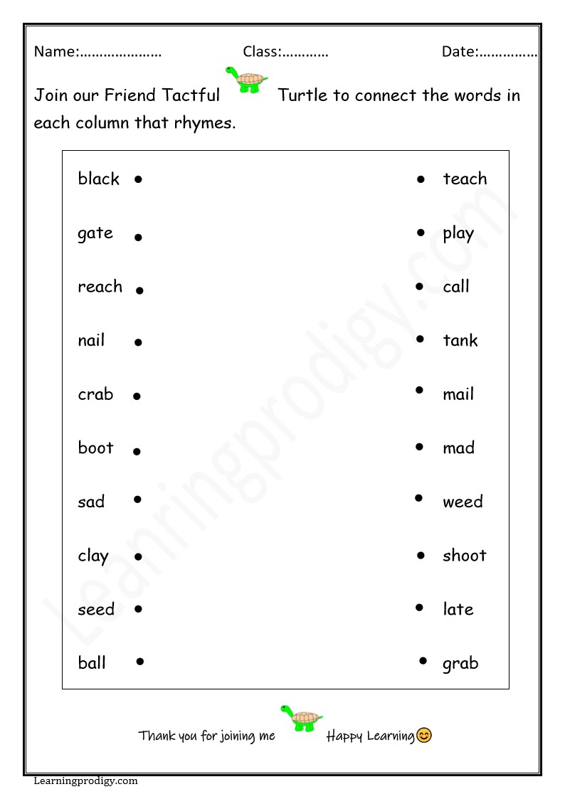 Free PDF Rhyme Time Worksheet for Grade One
