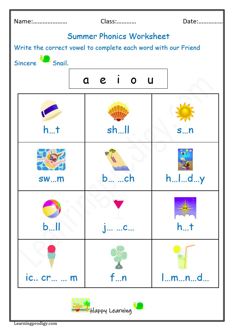 Free English Vowels Worksheet for School Students | Summer Time Worksheets