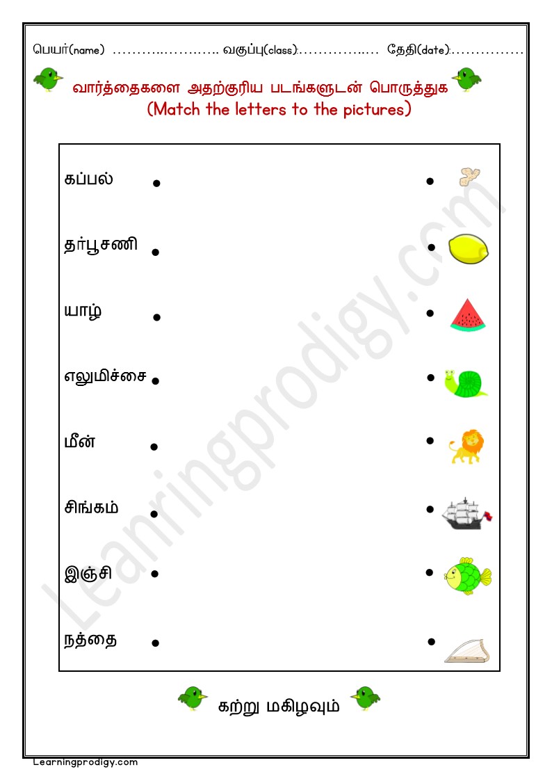 Free Printable Tamil Matching Worksheet | வார்த்தைகளை அதற்குரிய படங்களுடன் பொருத்துக