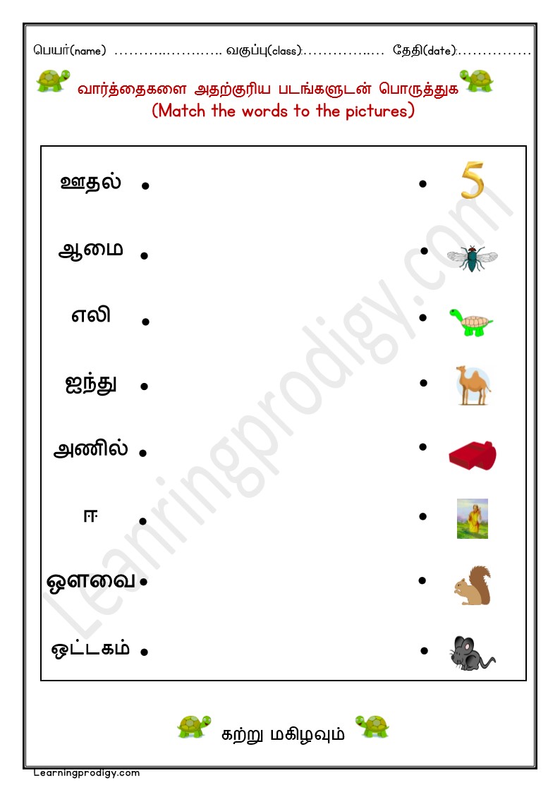 Free Tamil Worksheets for Beginners | Tamil Word Matching Worksheet |வார்த்தைகளை அதற்குரிய படங்களுடன் பொருத்துக