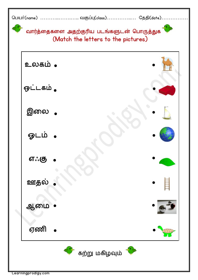 Free Downloadable Tamil Matching Worksheets | வார்த்தைகளை அதற்குரிய படங்களுடன் பொருத்துக