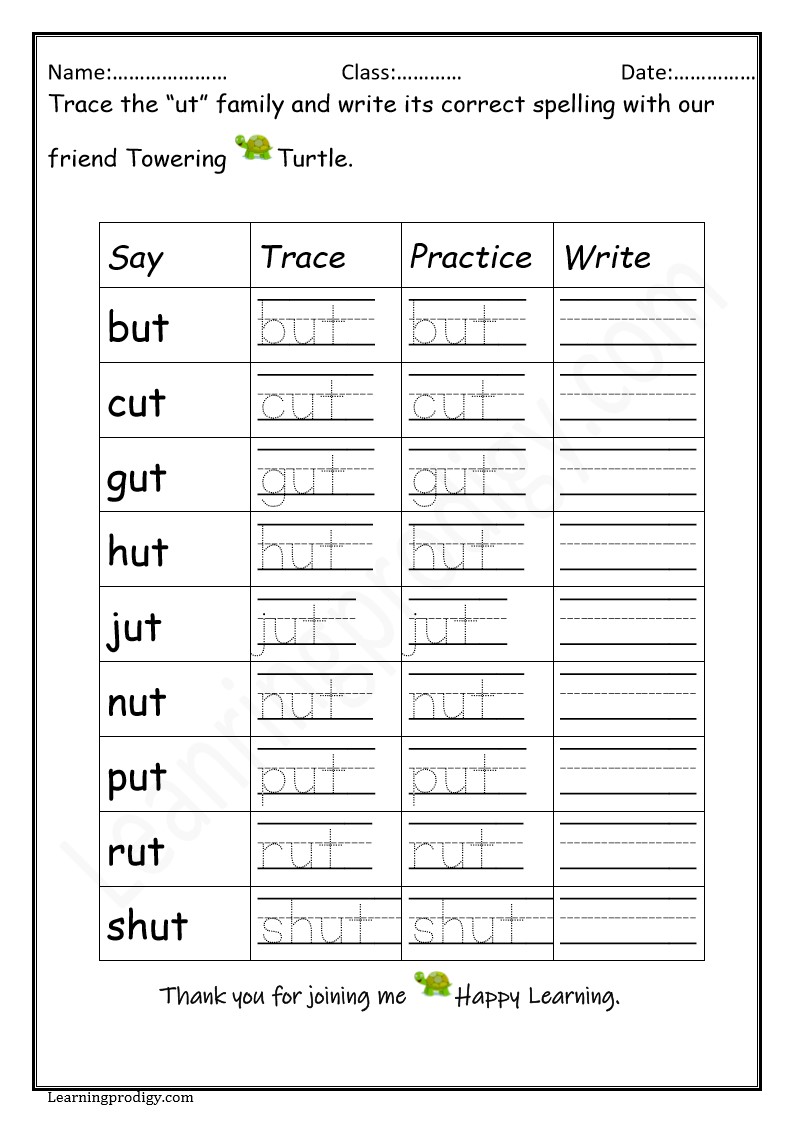 Free Printable CVC Worksheet for School Students | “UT” Word Family Worksheet