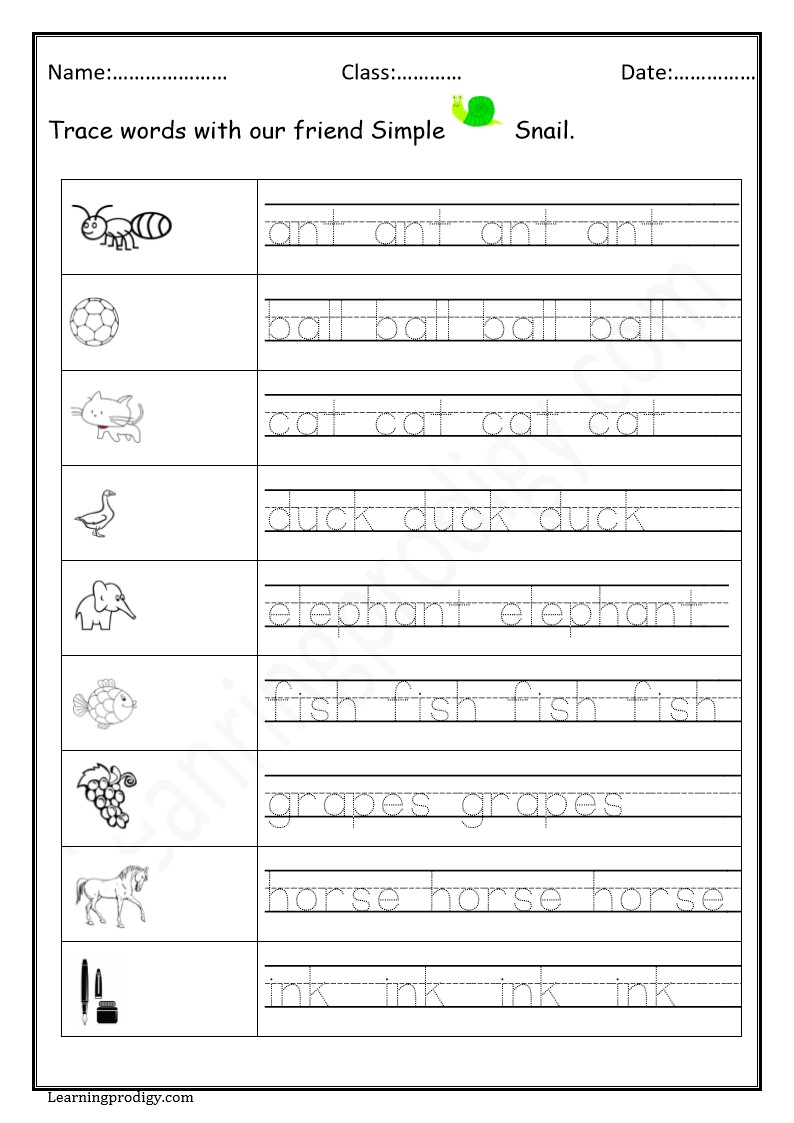 Free Printable Words Tracing Practice Worksheet with Pictures