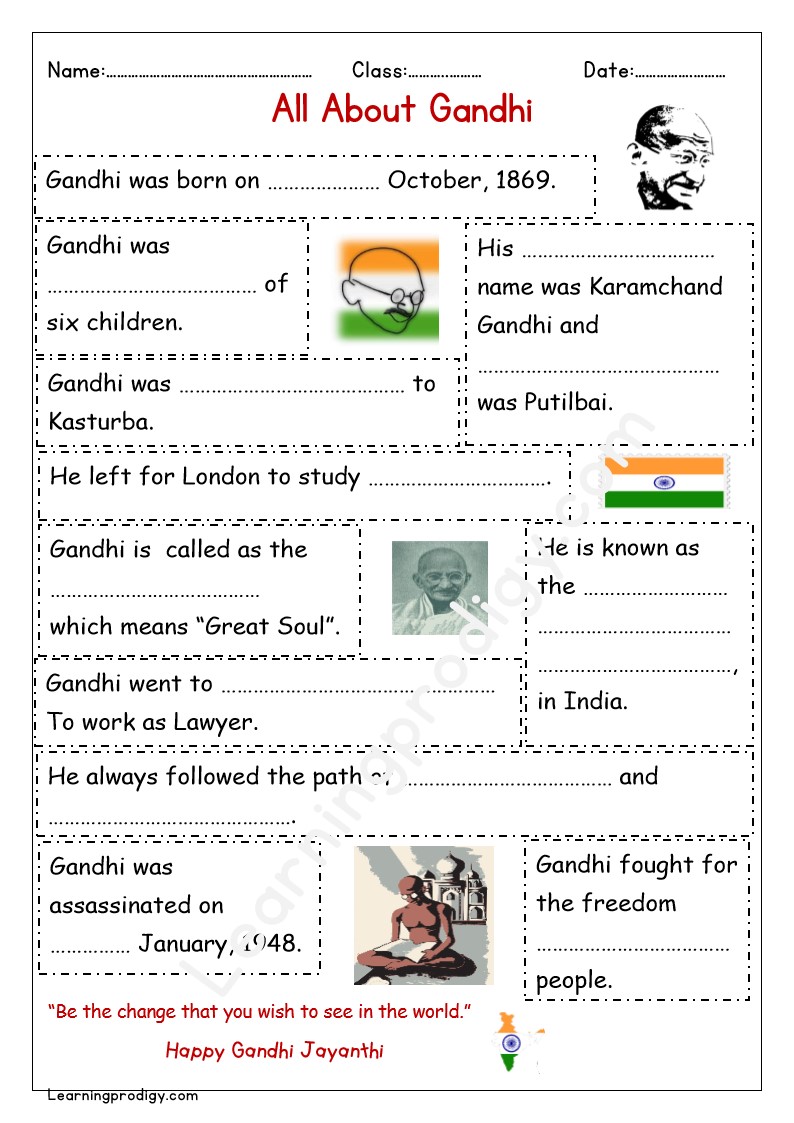 Free Printable Worksheet for Mahatma Gandhi – All About Gandhi with Answers