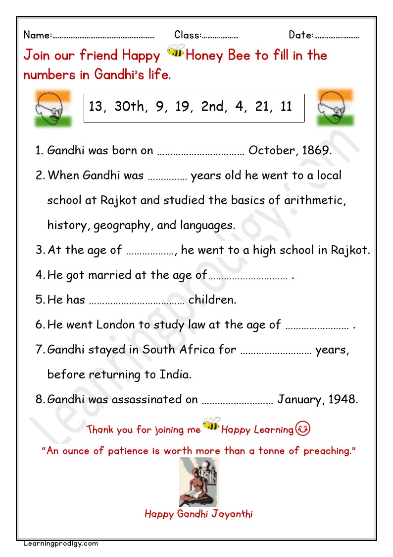 Free Printable Worksheet on Life of Mahatma Gandhi with Answers