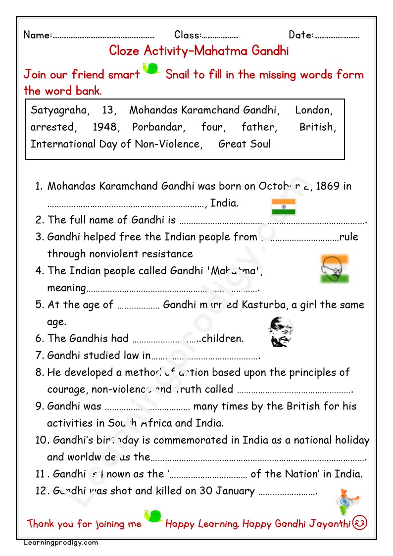 Free Printable English Grammar Cloze on Mahatma Gandhi with Answers.