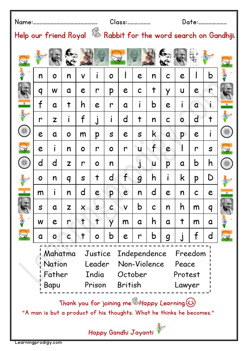 Free Printable Word Search on Mahatma Gandhi with Answers