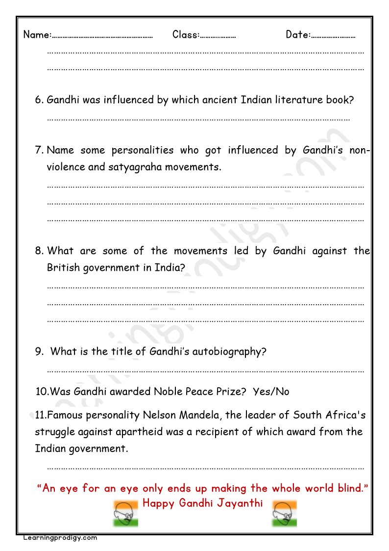Free Printable English Reading Comprehension on Mahatma Gandhi for Grade 4
