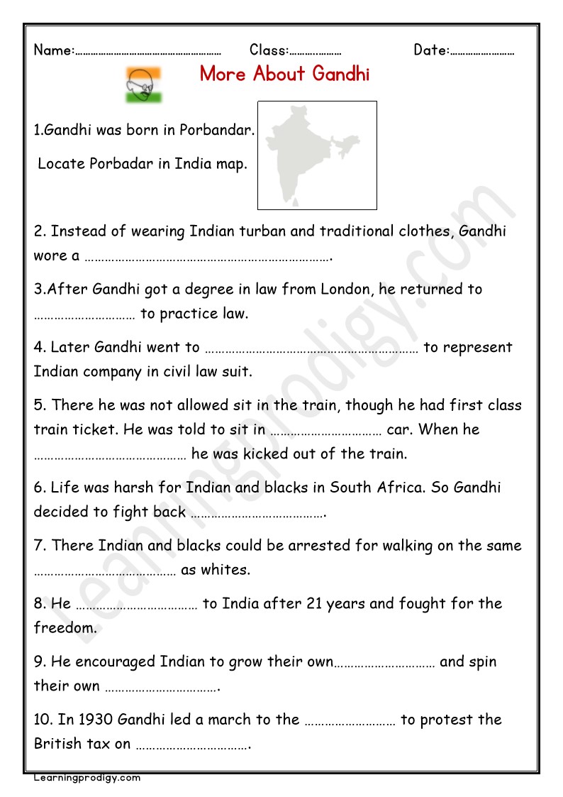 Free Printable Activity Sheet on More About Gandhi’s Life with Answers