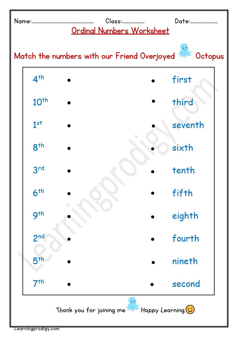 Download Ordinal Numbers Matching Worksheet for Math Beginners