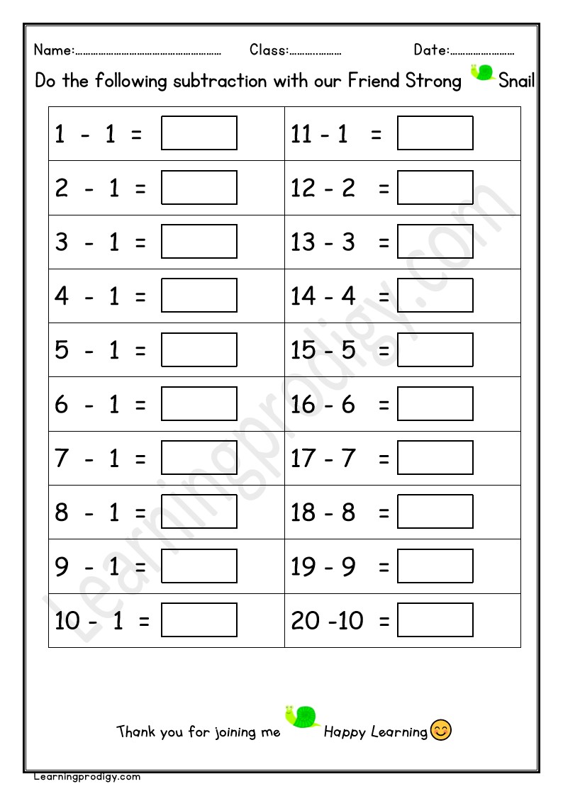 Free PDF Subtraction by One Worksheet | Easy Subtraction Worksheet