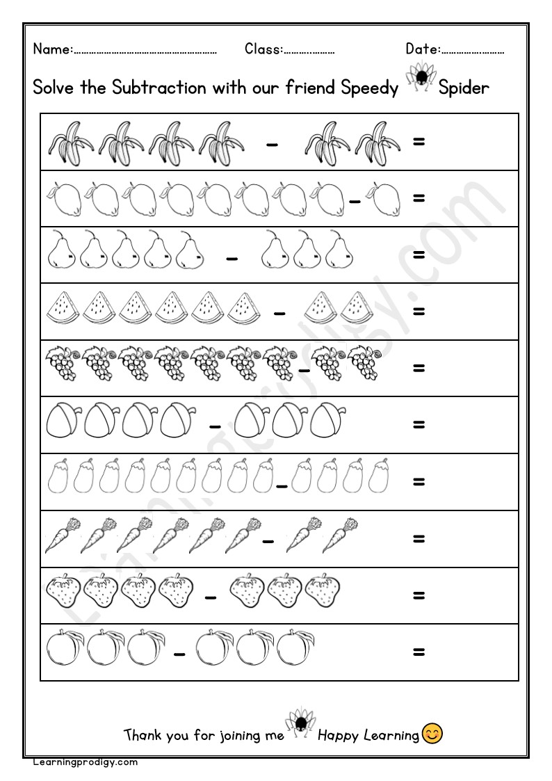 Free Printable Fruits and Vegetables Subtraction Worksheets with Pictures