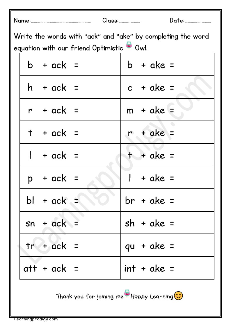 Free Printable ACK and AKE Word Family Worksheet For Grade One