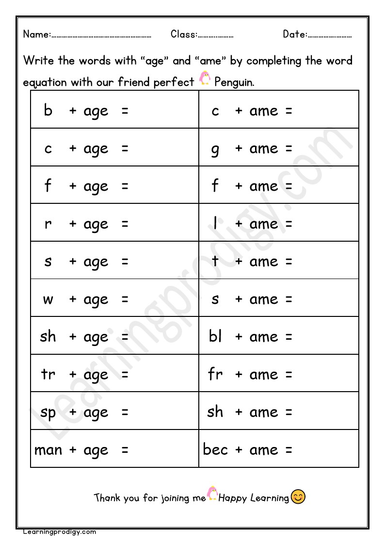 Free Printable AGE and AME Word Family Worksheet For Grade One