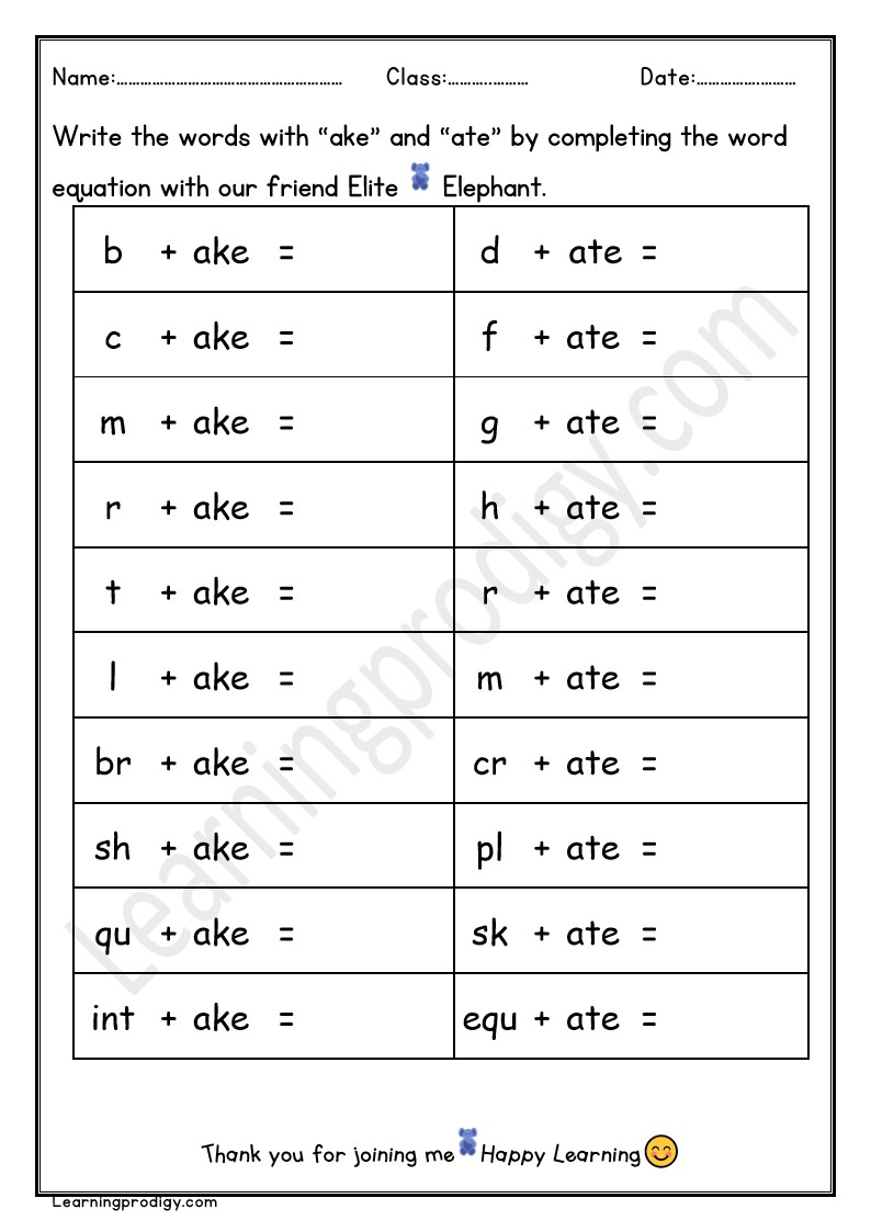 Free Printable AKE and ATE Word Family Worksheet For Grade One