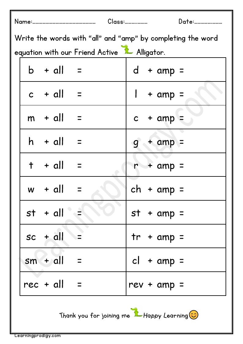 Free Printable ALL and AMP Word Family Worksheet For Grade One