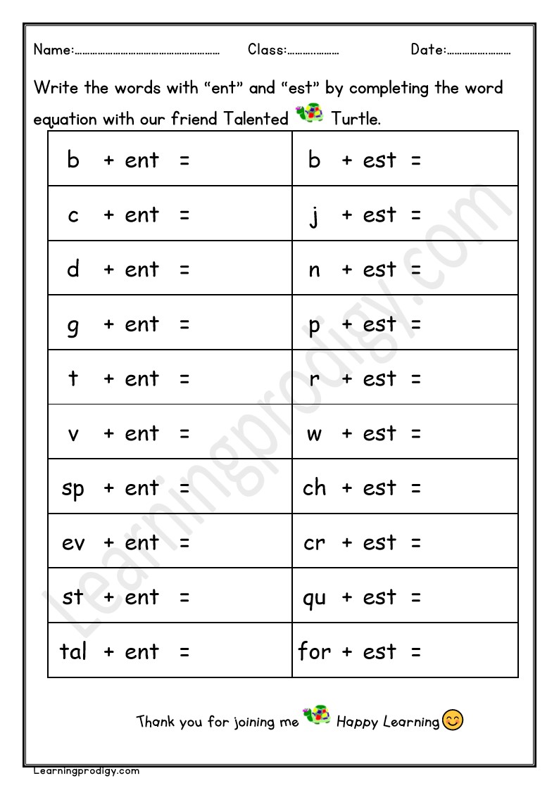 Free Printable ENT and EST Word Family Worksheet For Grade One