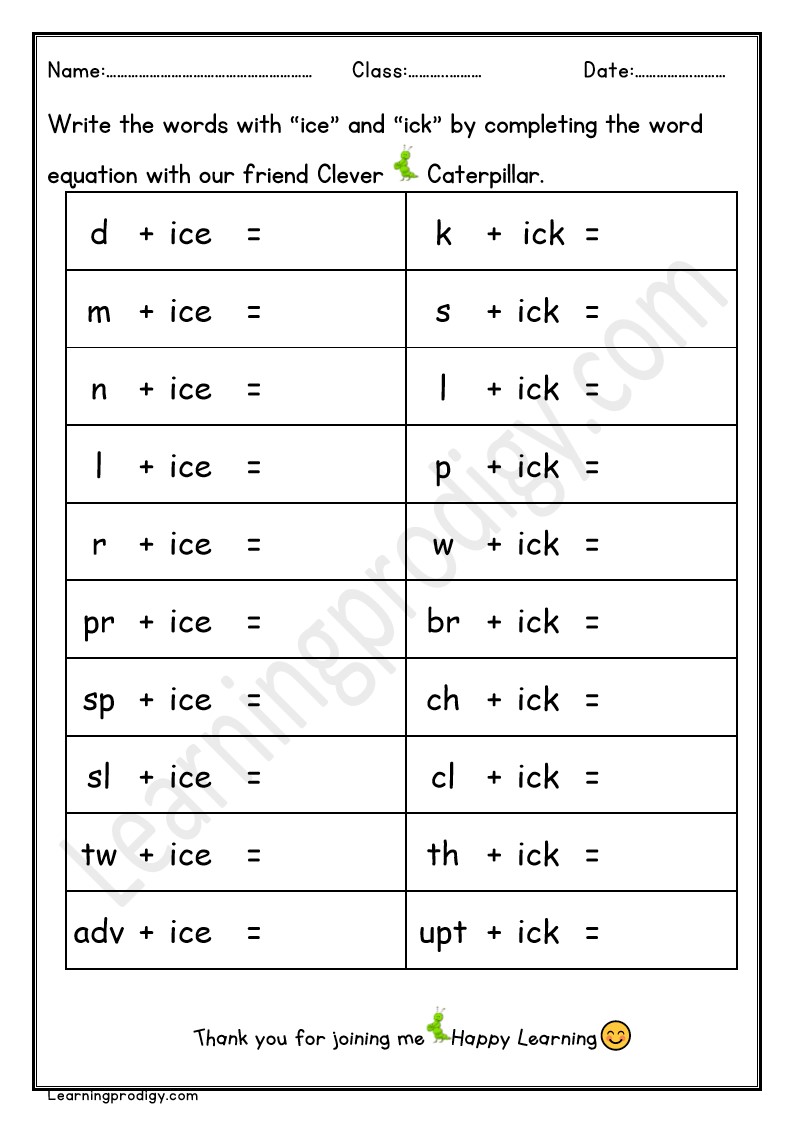 Free Printable ICE and ICK Word Family Worksheet For Grade One