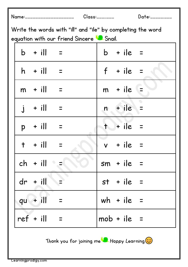 Free Printable ILL and ILE Word Family Worksheet For Grade One