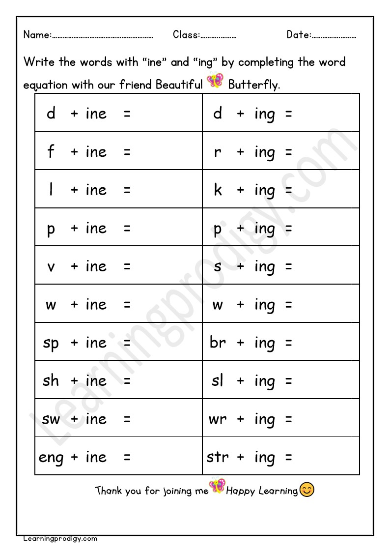 Free Printable INE and ING Word Family Worksheet For Grade One