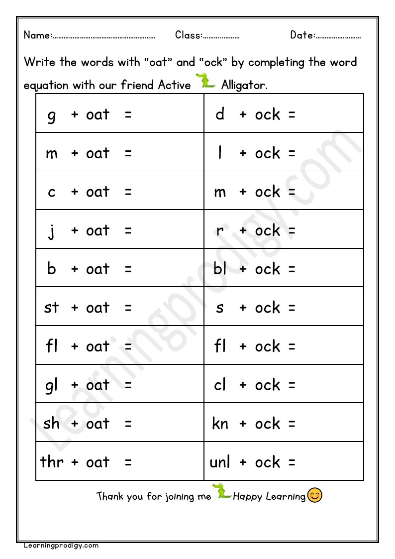 Free Printable OAT and OCK Word Family Worksheet For Grade One