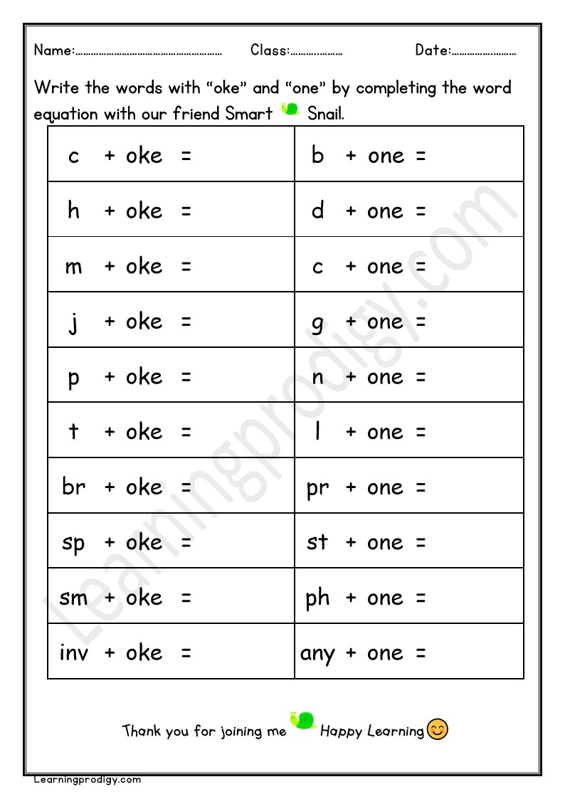 Free Printable OKE and ONE Word Family Worksheet For Grade One