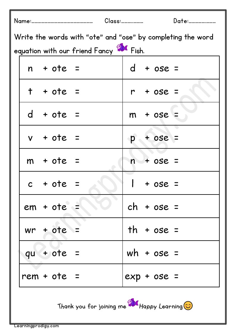Free Printable OTE and OSE Word Family Worksheet For Grade One