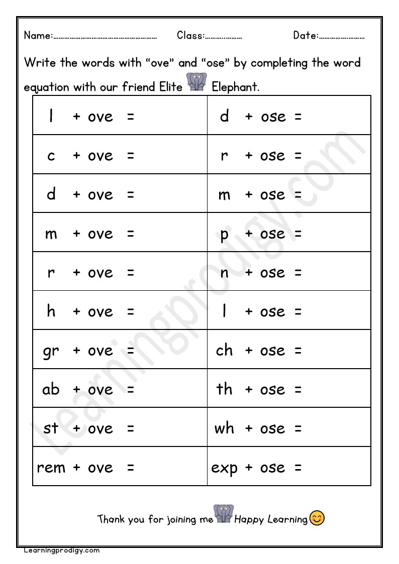 Free Printable OVE and OSE Word Family Worksheet For Grade One