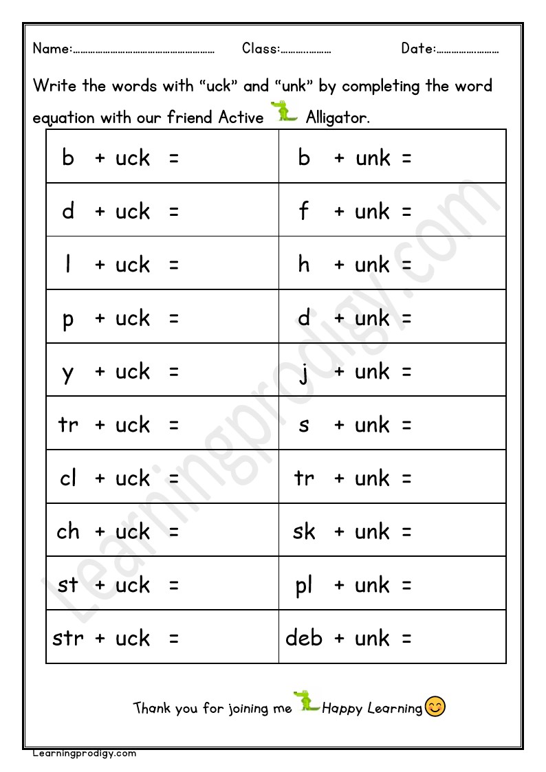 Free Printable UCK and UNK Word Family Worksheet For Grade One