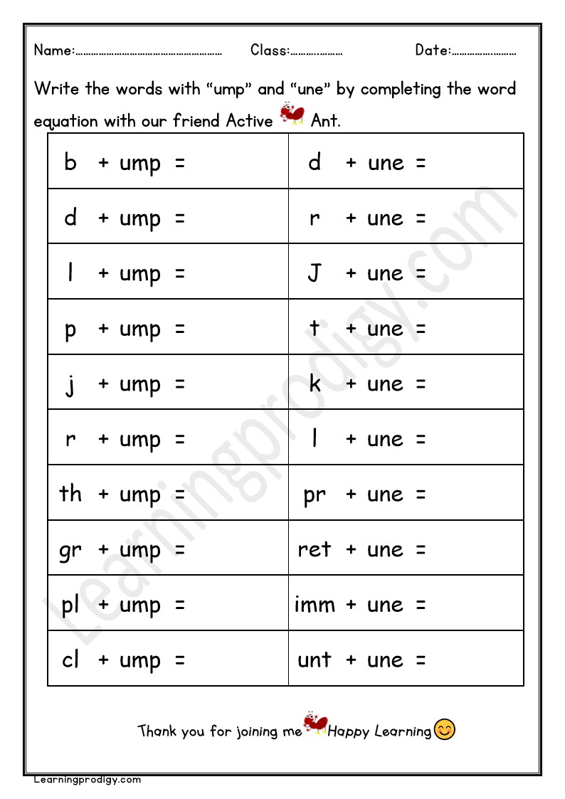Free Printable UMP and UNE Word Family Worksheet For Grade One
