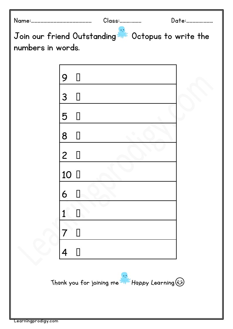 Write in Words Free Printable Math Worksheet for Nursery Kids(1-10)