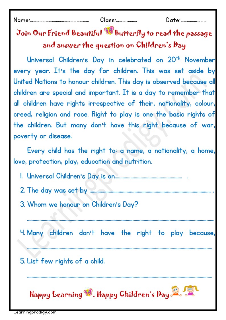 Reading Passage Comprehension on Universal Children’s Day Special