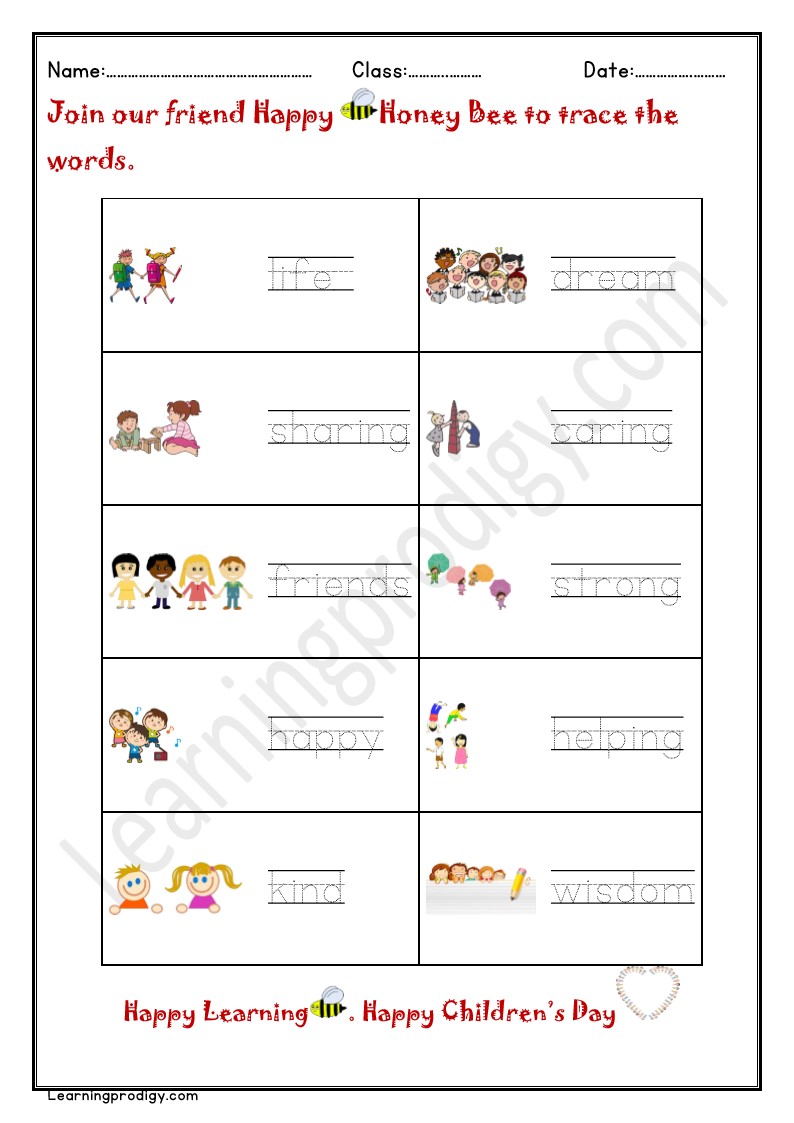 Free PDF Tracing Worksheet with Pictures on Children’s day for Kids | Children’s Day Activity.