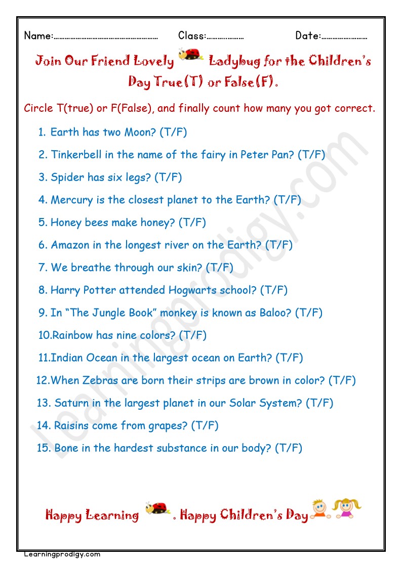 Free Download  Quiz on True Facts for Children’s | Children’s Day Quiz with Answers