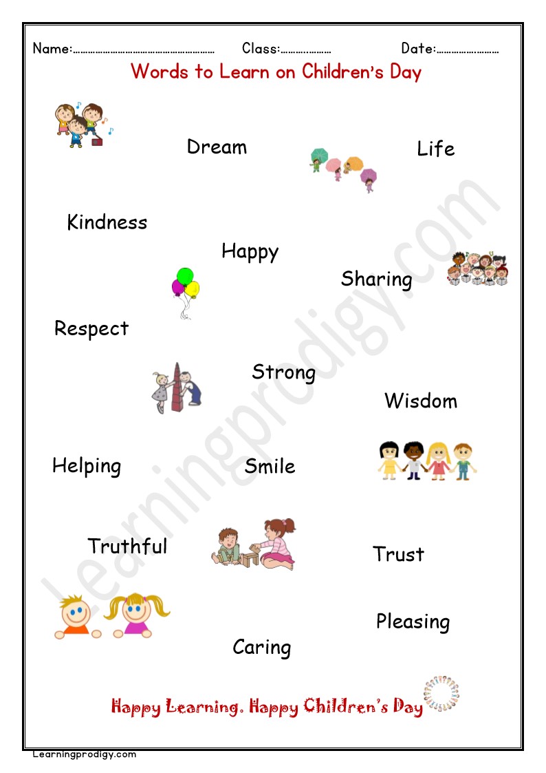 Free Printable Children’s Day Words Chart with Pictures for Kids