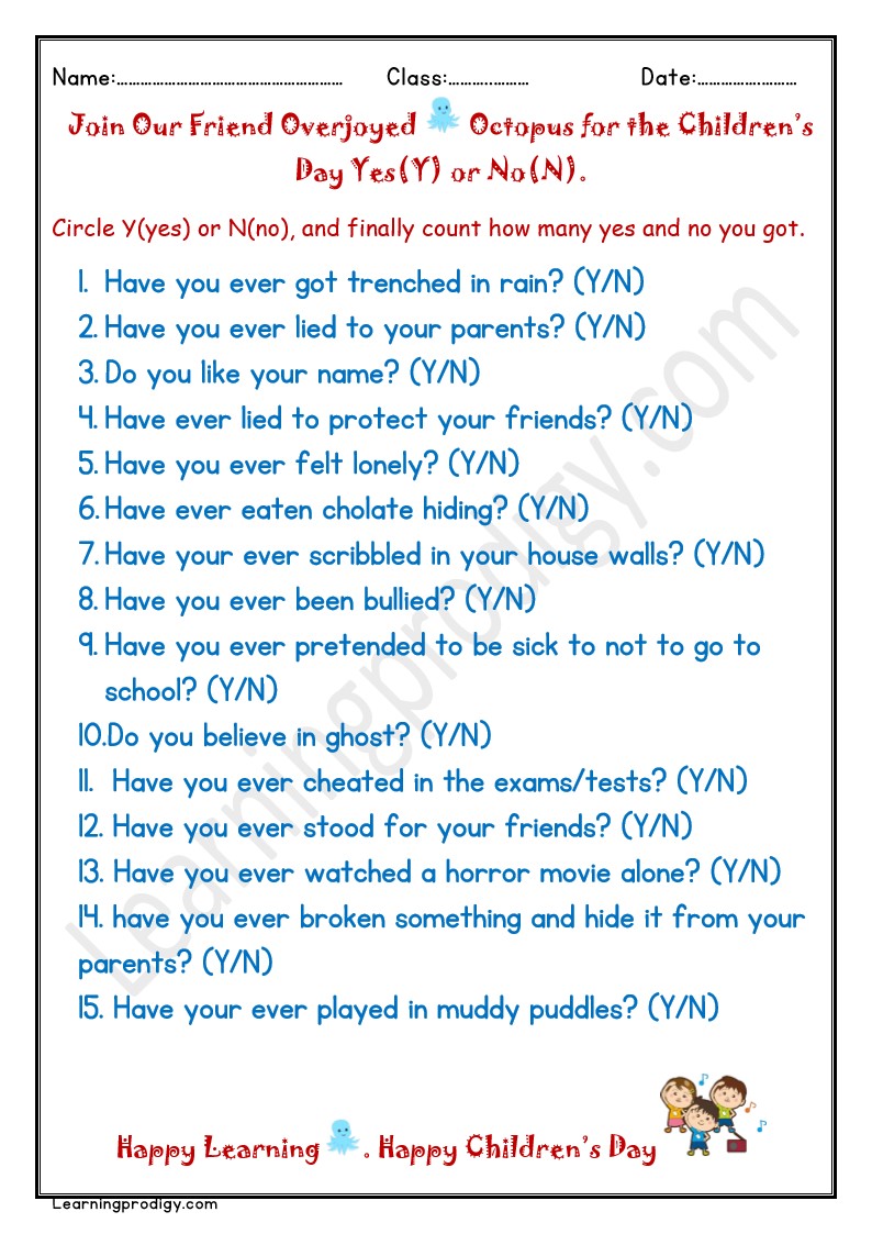 Free Printable Yes or No Question to Ask to Kids | Question of the Day for Kids.