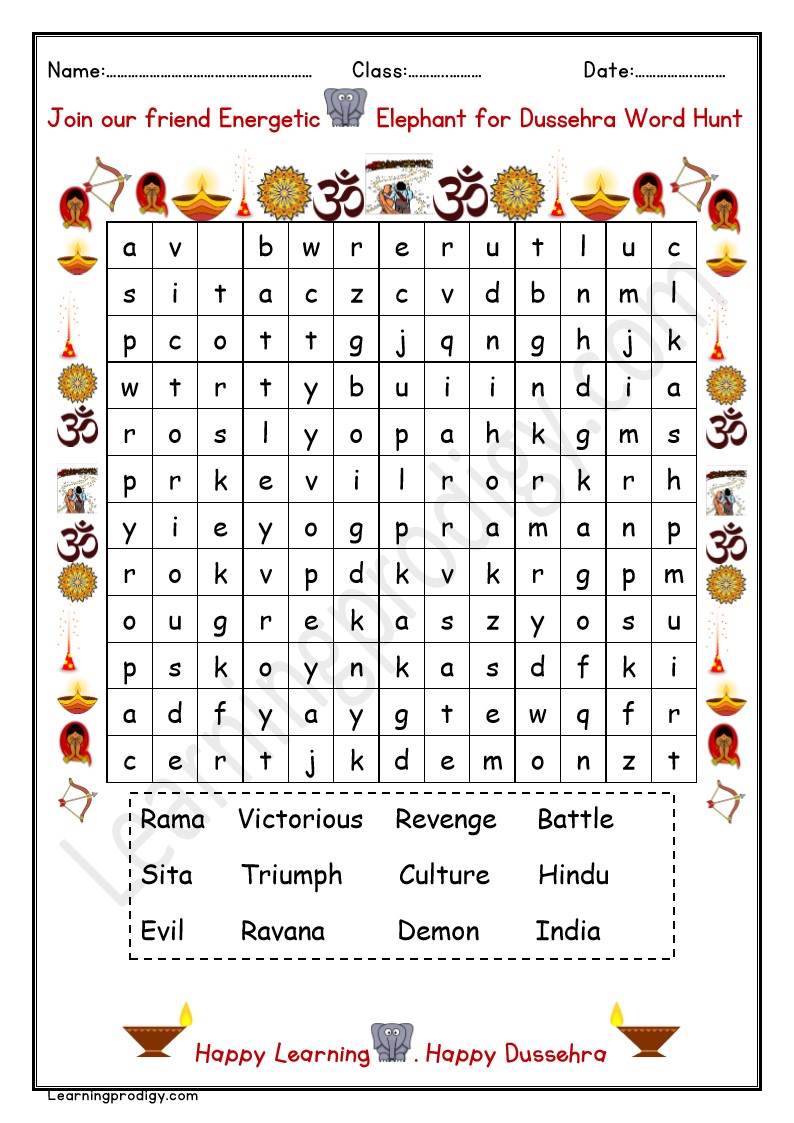 Free Printable Dussehra Word Hunt With Pictures and Answer.