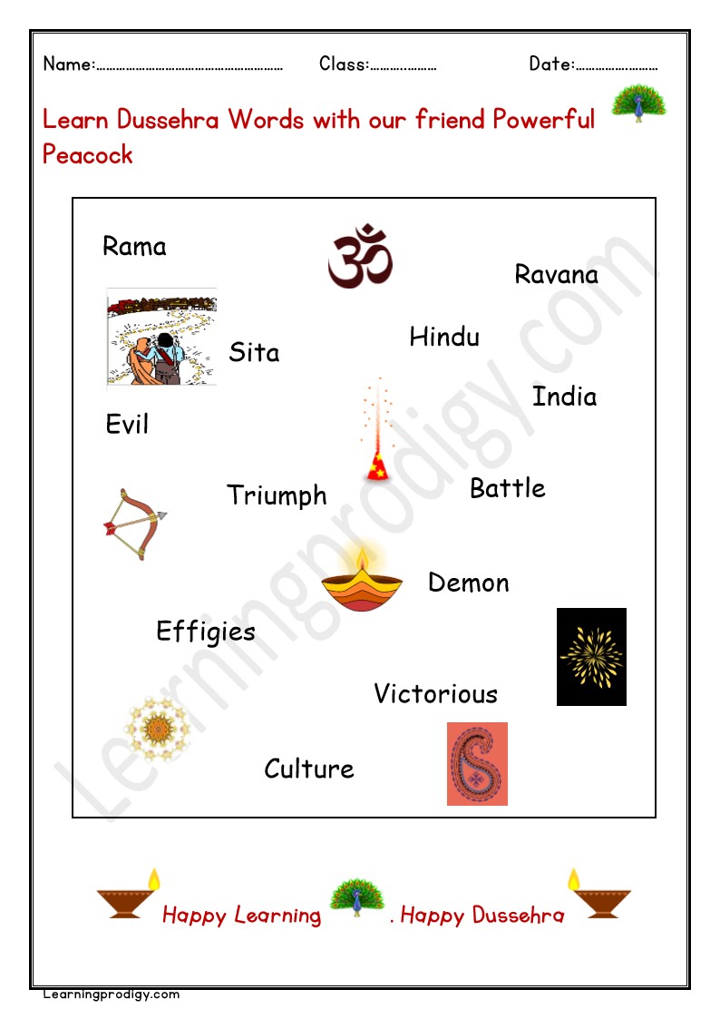 Free Printable Dussehra Word Chart | Dussehra Vocabularies with Pictures